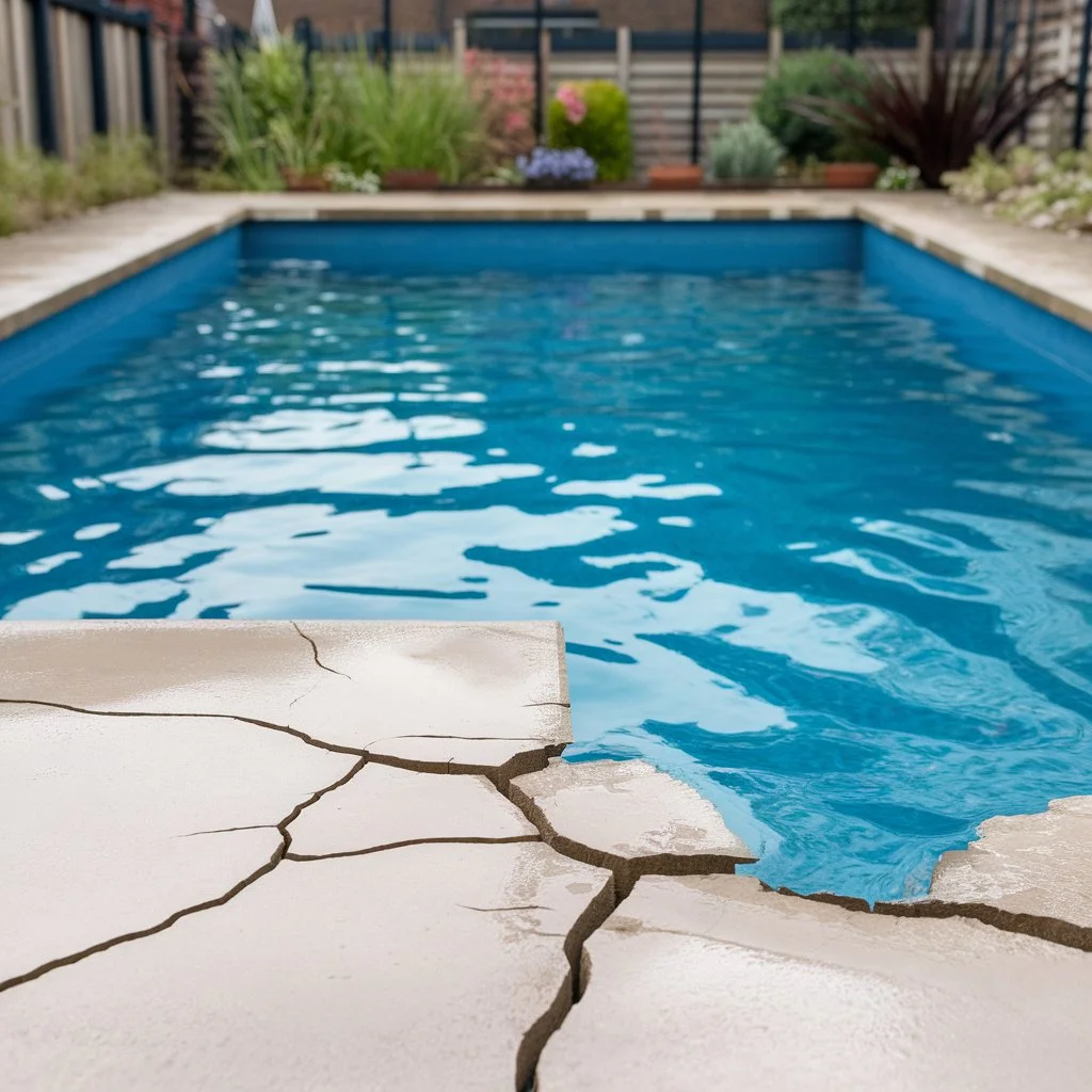 Swimming pool tiles crack along the pool surround, indicating underlying tile movement or bonding issues.

