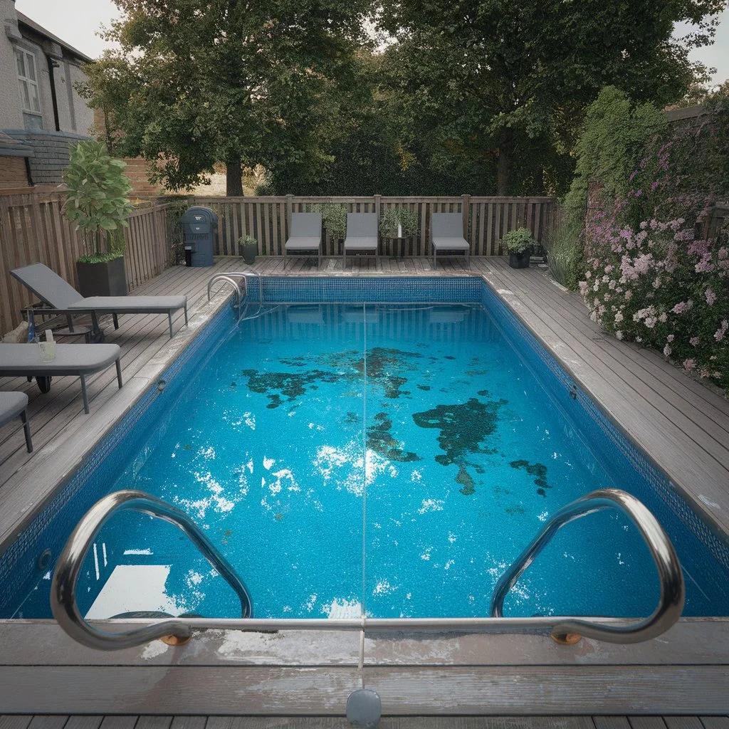 Swimming pool retiling signs visible in a London garden pool, showing worn tiles and uneven surfaces that indicate ageing installation.