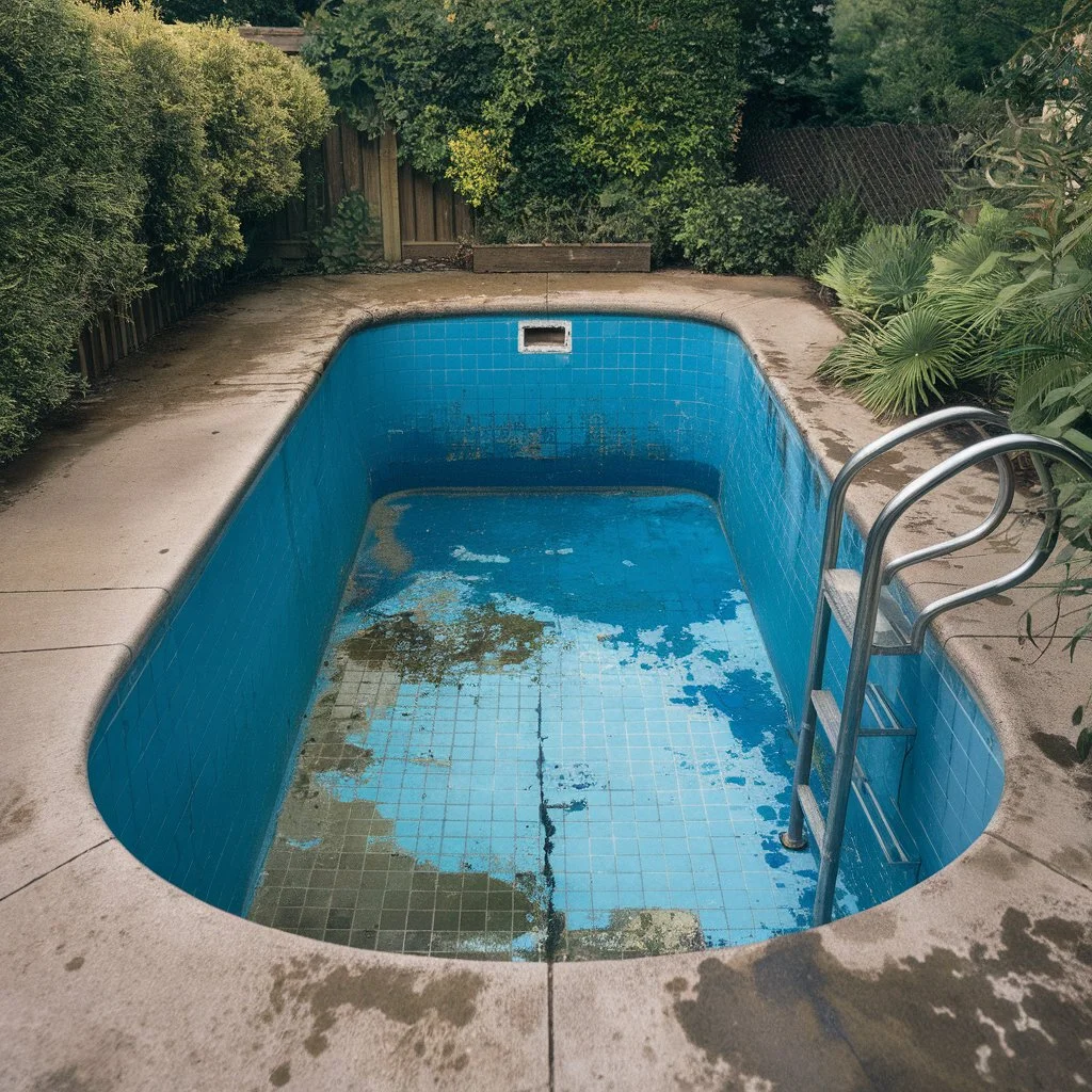 Pool tile damage signs in a London property, including cracked tiles, discolouration, and exposed areas requiring full retiling.