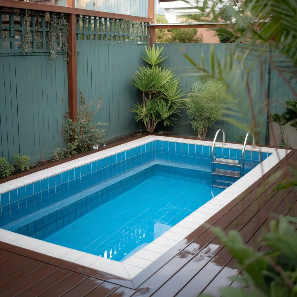 Compact backyard pool featuring contemporary swimming pool tile ideas that combine durability with stylish outdoor design.