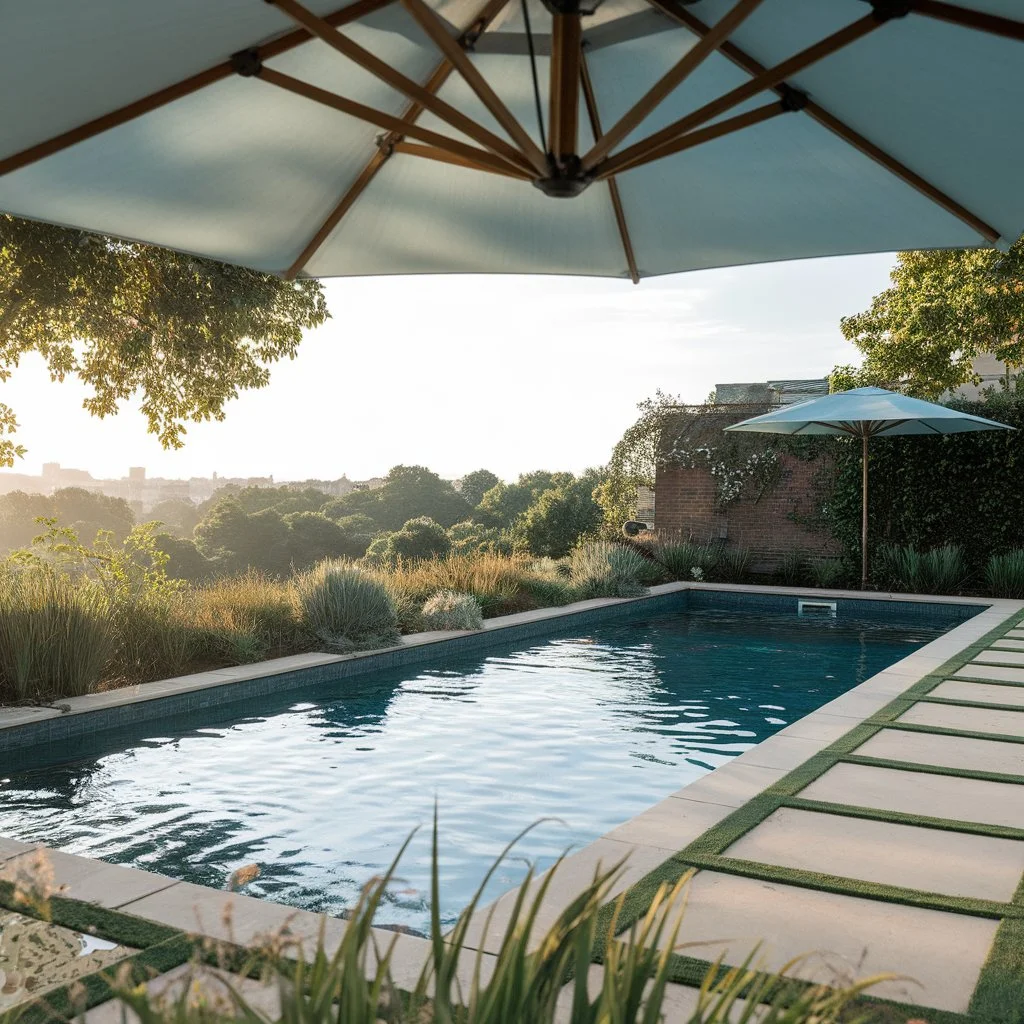 Minimalist garden swimming pool highlighting refined swimming pool tile design ideas suited for both indoor and outdoor UK homes.