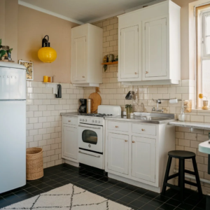 Light neutral tile colour for small kitchens in a compact London home, helping reflect natural light and create a clean, open feel.