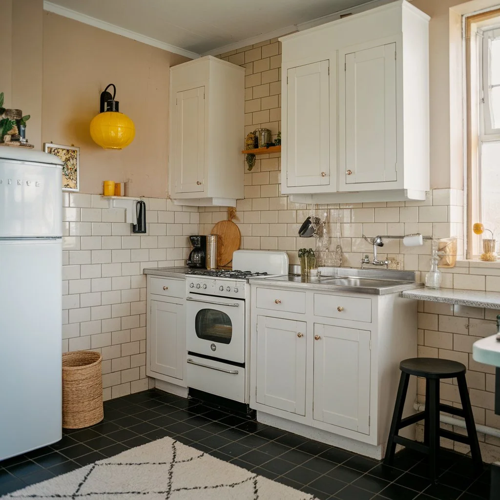Light neutral tile colour for small kitchens in a compact London home, helping reflect natural light and create a clean, open feel.