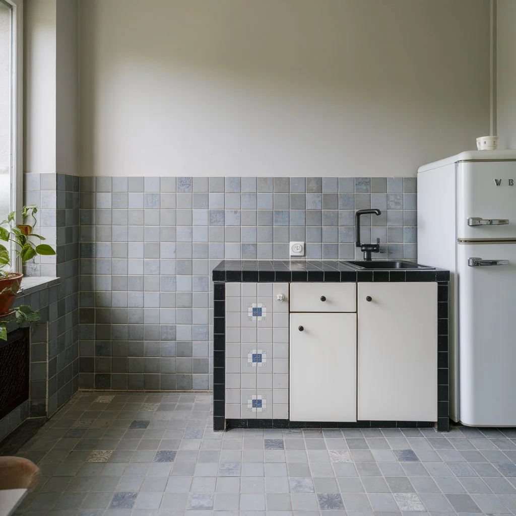 Soft grey kitchen tile colours for small spaces in a narrow UK kitchen layout, balancing brightness with practicality for everyday use.