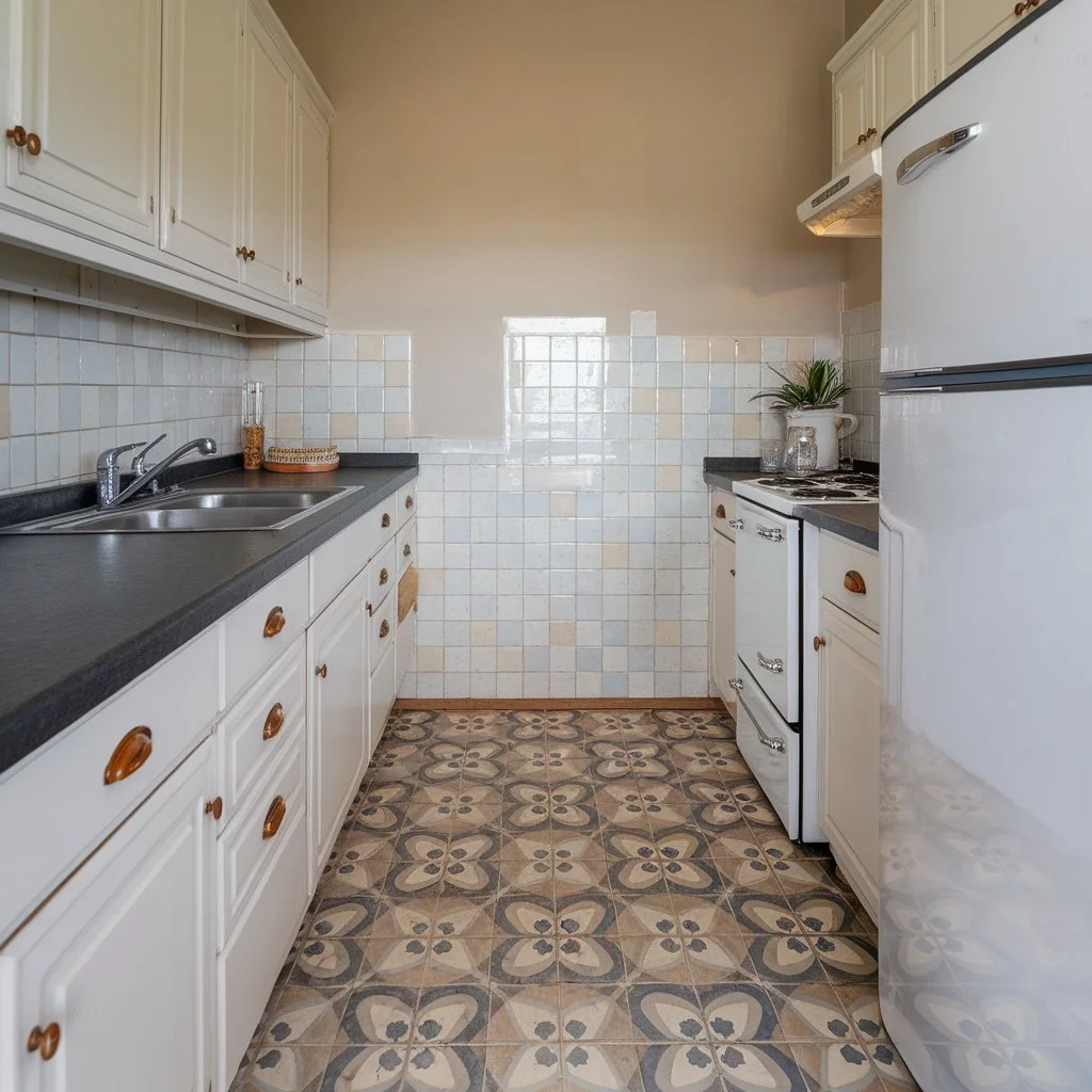 Modern tile colours for small kitchens featuring subtle patterns and warm tones, ideal for enhancing space in traditional London properties.