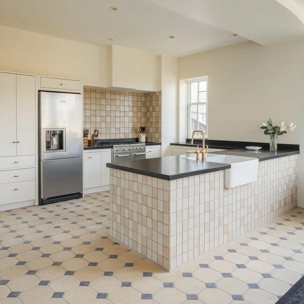 Large Format Tiles vs Subway Tiles for Kitchens shown in a bright UK kitchen with tiled island panels and coordinated floor tiles creating a clean spacious finish