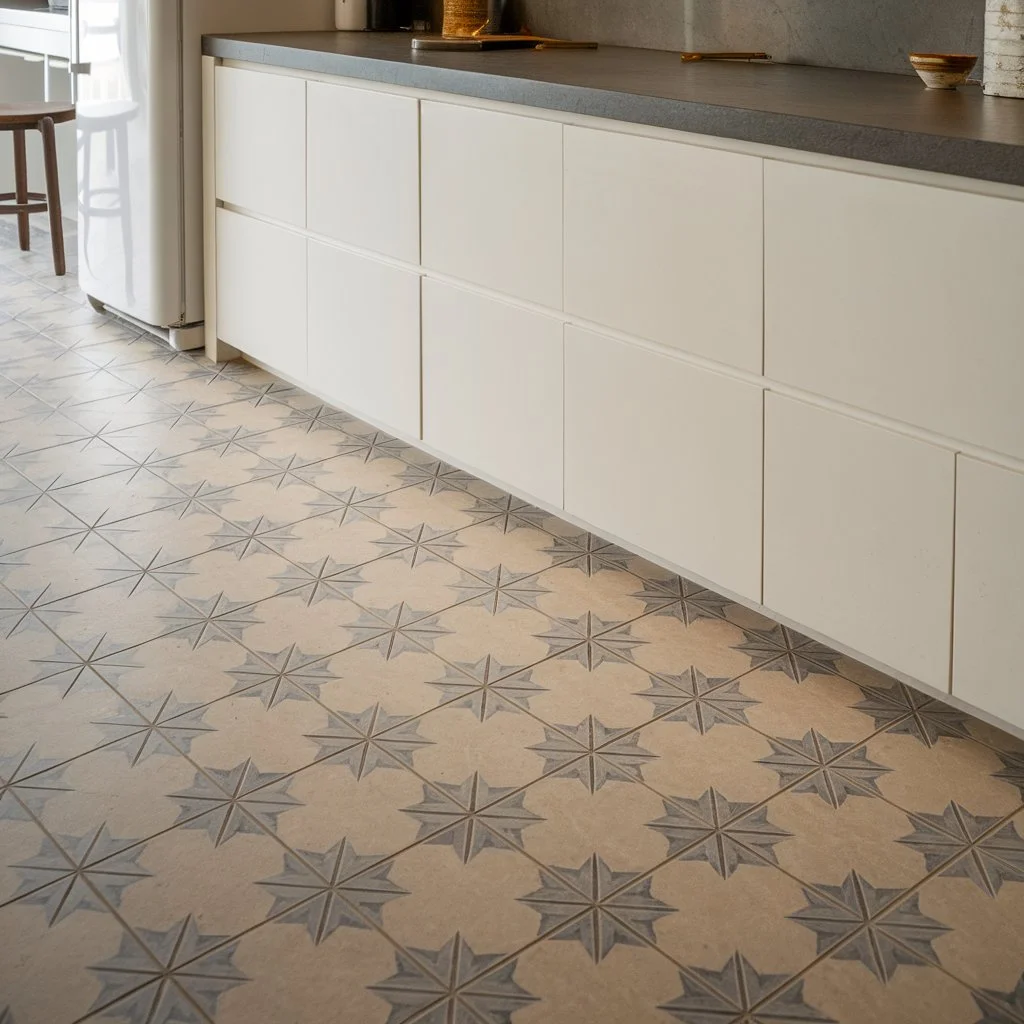 Large tiles vs subway tiles kitchen comparison highlighting patterned large floor tiles paired with sleek cabinetry in a modern UK kitchen setting