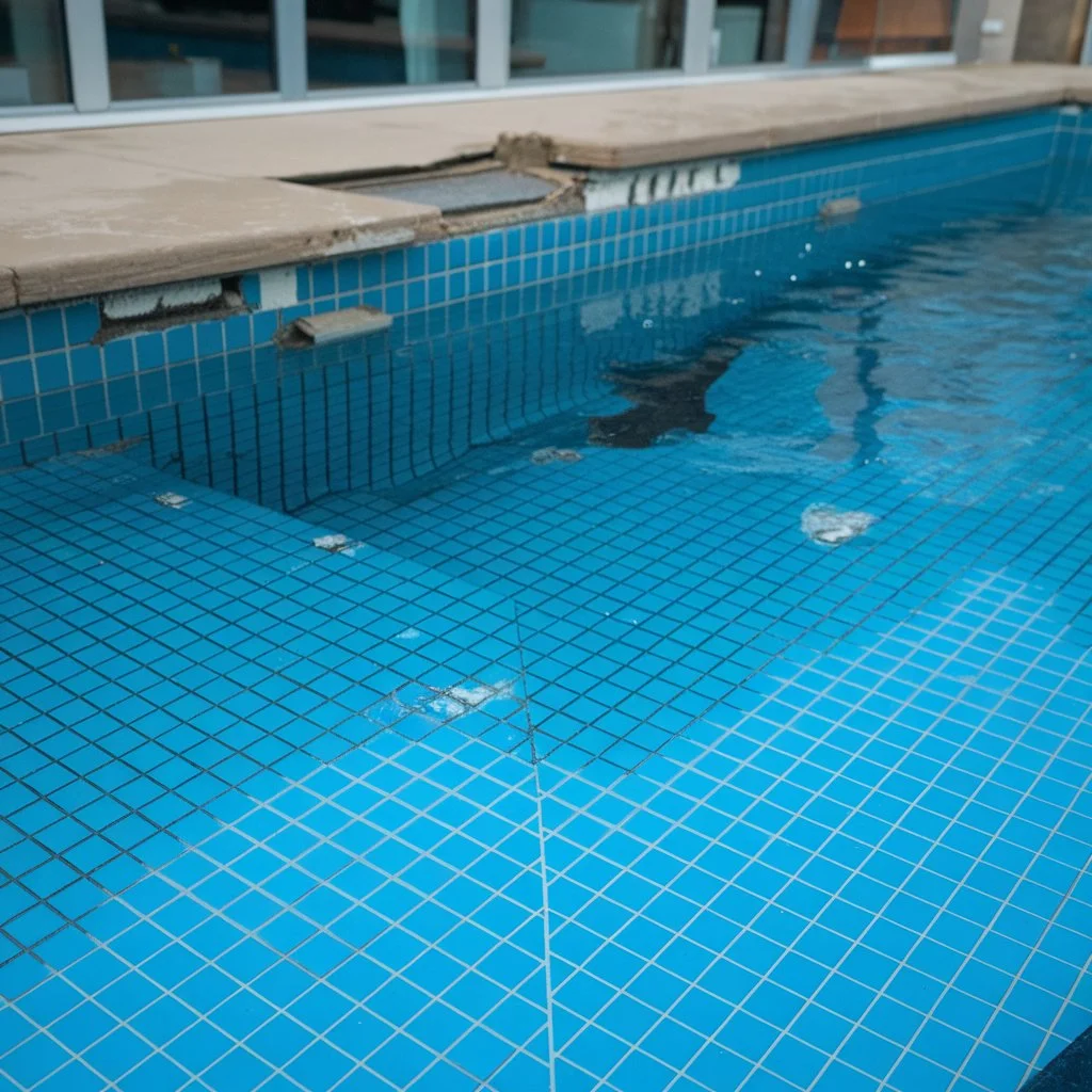 Swimming pool tiles lift along the waterline as a result of moisture ingress, adhesive failure, and freeze thaw cycles common in London.