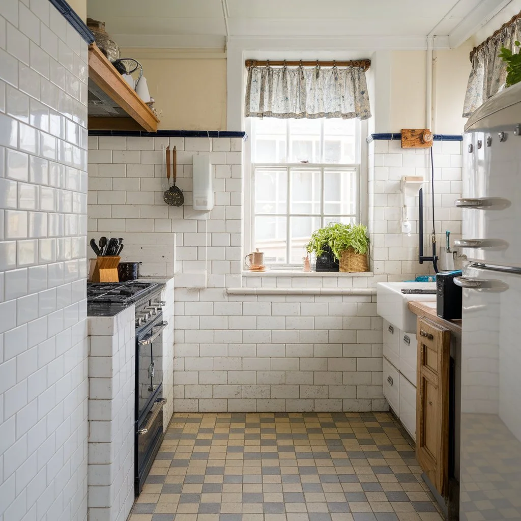 Best kitchen tiles large format or subway illustrated in a traditional UK kitchen with white subway wall tiles and patterned tiled flooring
