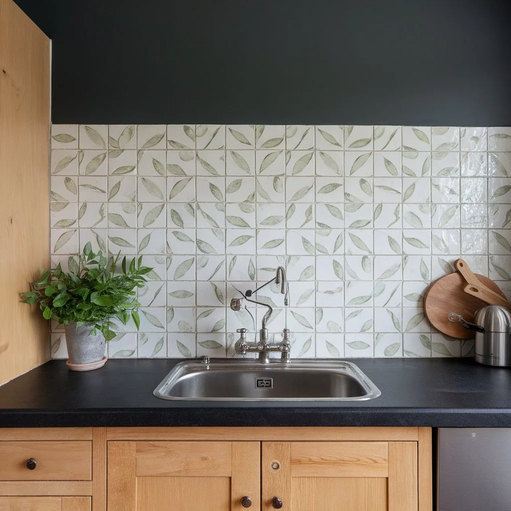 Kitchen tile splashback ideas featuring classic patterned tiles that add character to a timeless UK kitchen