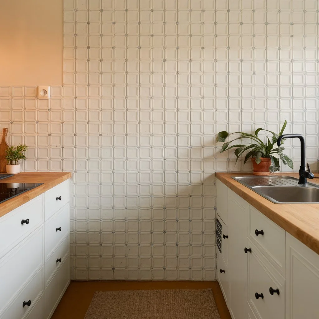 Kitchen splashback tiles ideas showing neutral square tiles for a clean and enduring look in a UK home