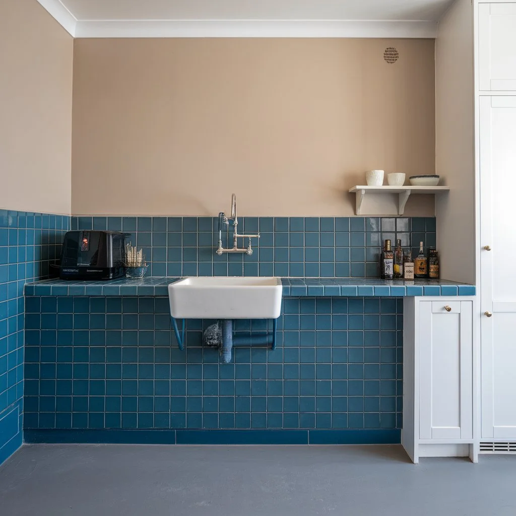 Tiled kitchen wall with sink area showing importance of waterproofing for tiled kitchen walls in traditional UK properties