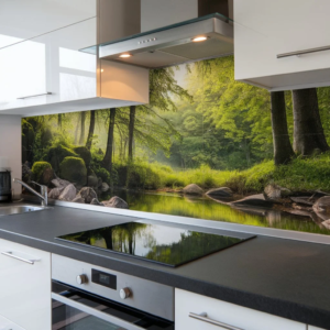 Modern kitchen splashback with nature design illustrating waterproofing behind kitchen tiles for long term wall protection in UK homes