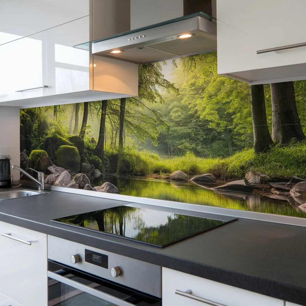Modern kitchen splashback with nature design illustrating waterproofing behind kitchen tiles for long term wall protection in UK homes