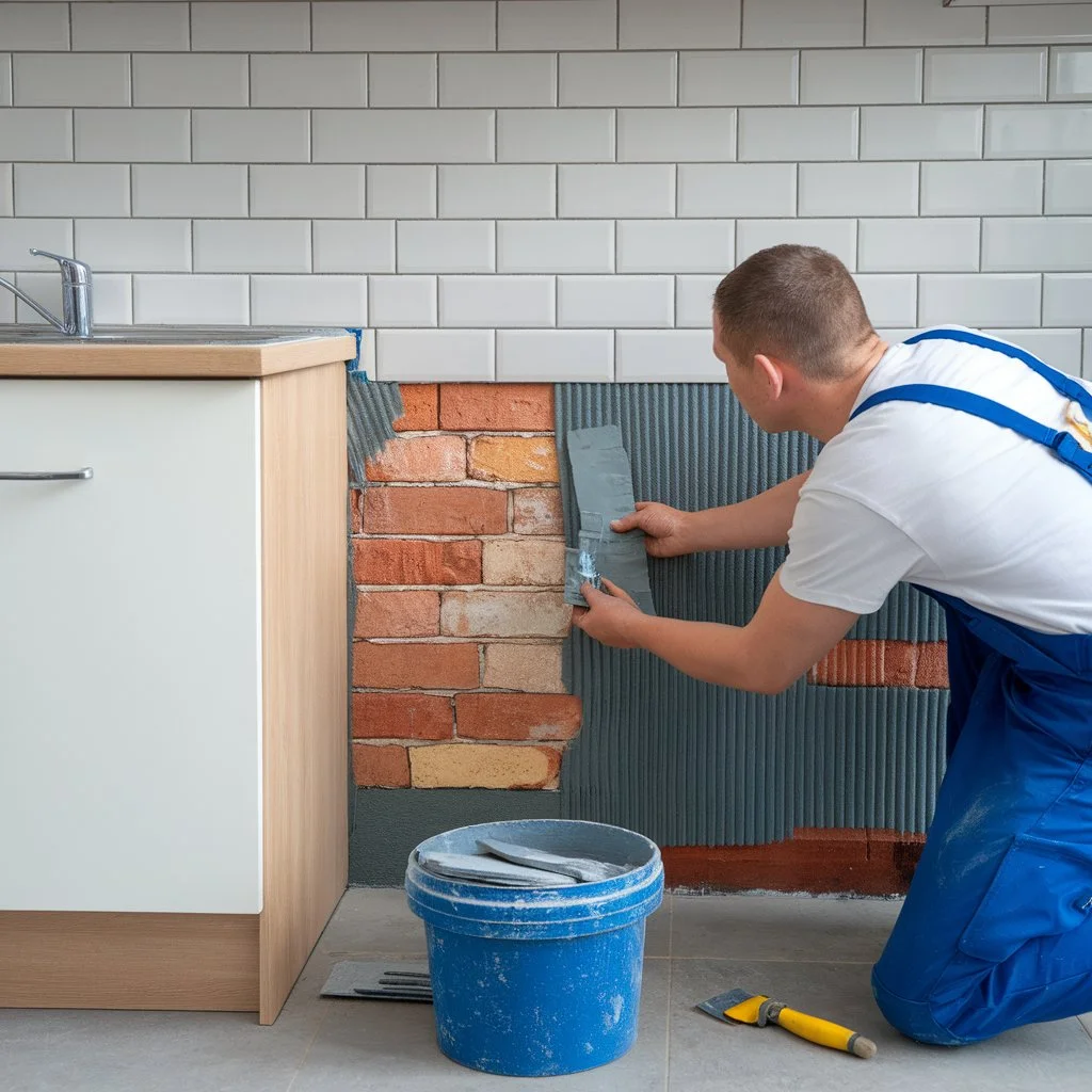 Professional installer applying kitchen tile waterproofing behind wall tiles to prevent damp and moisture damage in a UK kitchen

