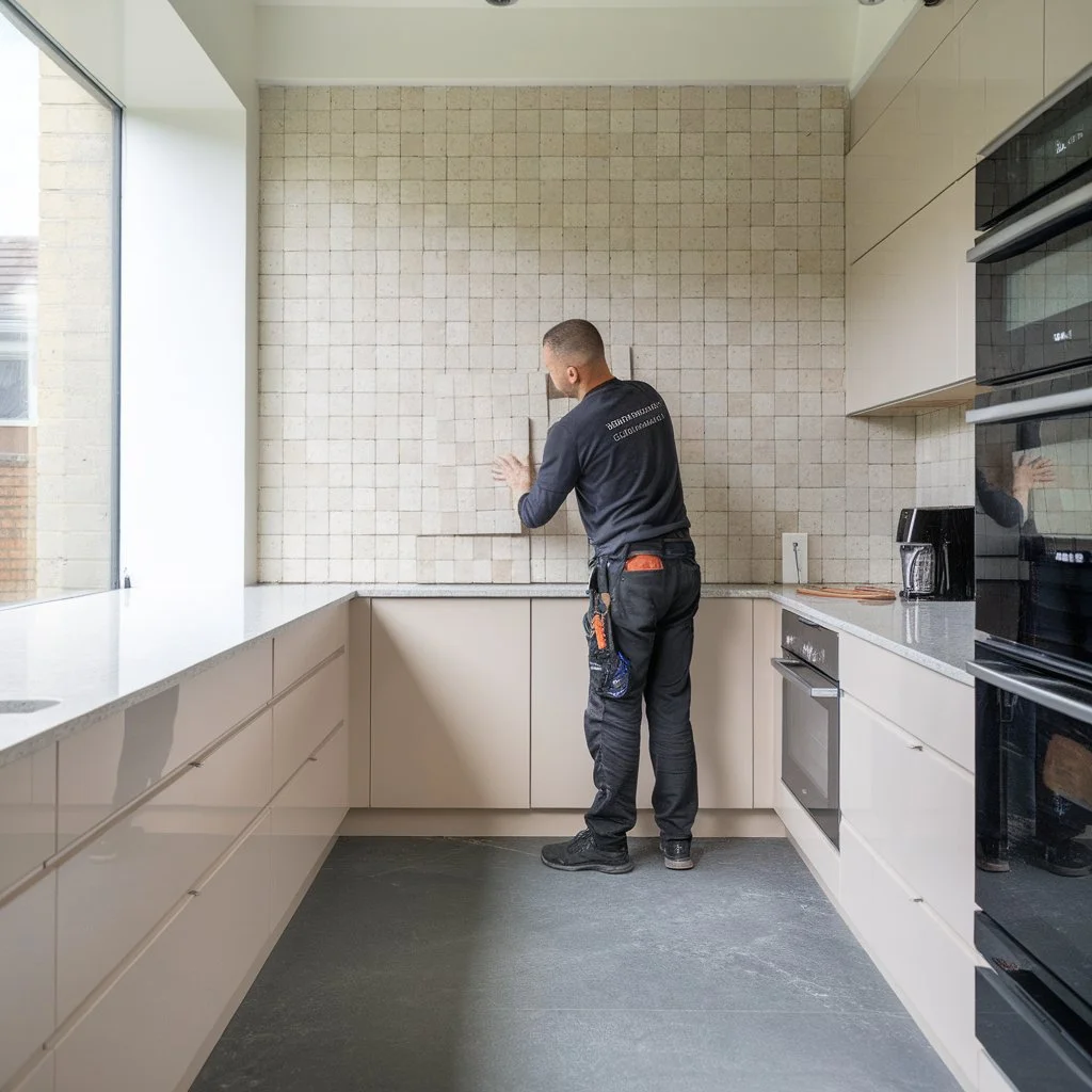 Expert kitchen tile installation in a modern UK home, demonstrating accurate fitting and long lasting wall tile workmanship