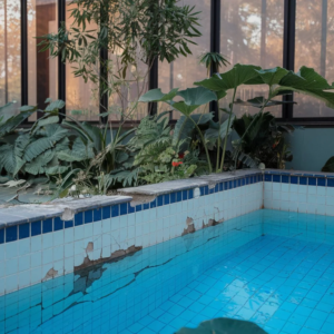 Common swimming pool tiling problems shown through cracked pool edge tiles caused by long term wear and structural movement.