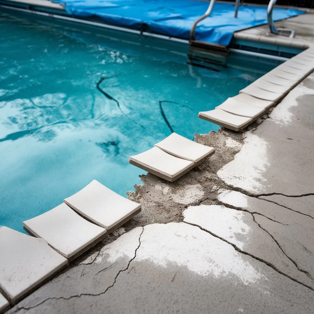Swimming pool tile problems where poolside tiles have lifted and shifted due to underlying adhesive or substrate failure.