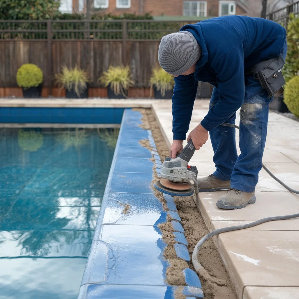 Grout failure in swimming pools being professionally repaired to restore tile stability and prevent further water damage.