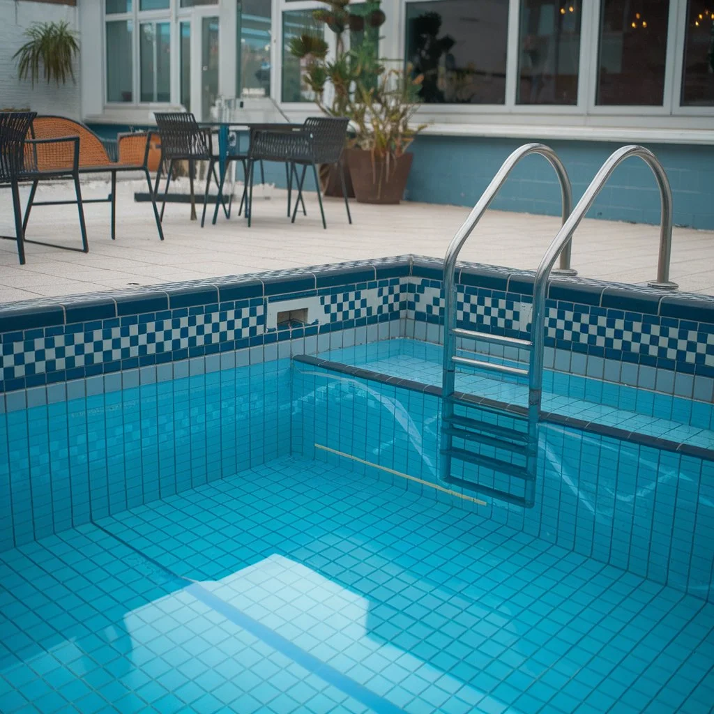 Pool tile care and maintenance showing well kept swimming pool tiles and grout in a London residential pool
