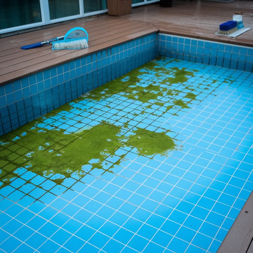 Pool tile maintenance guide highlighting algae buildup and the need for regular tile cleaning in London pools