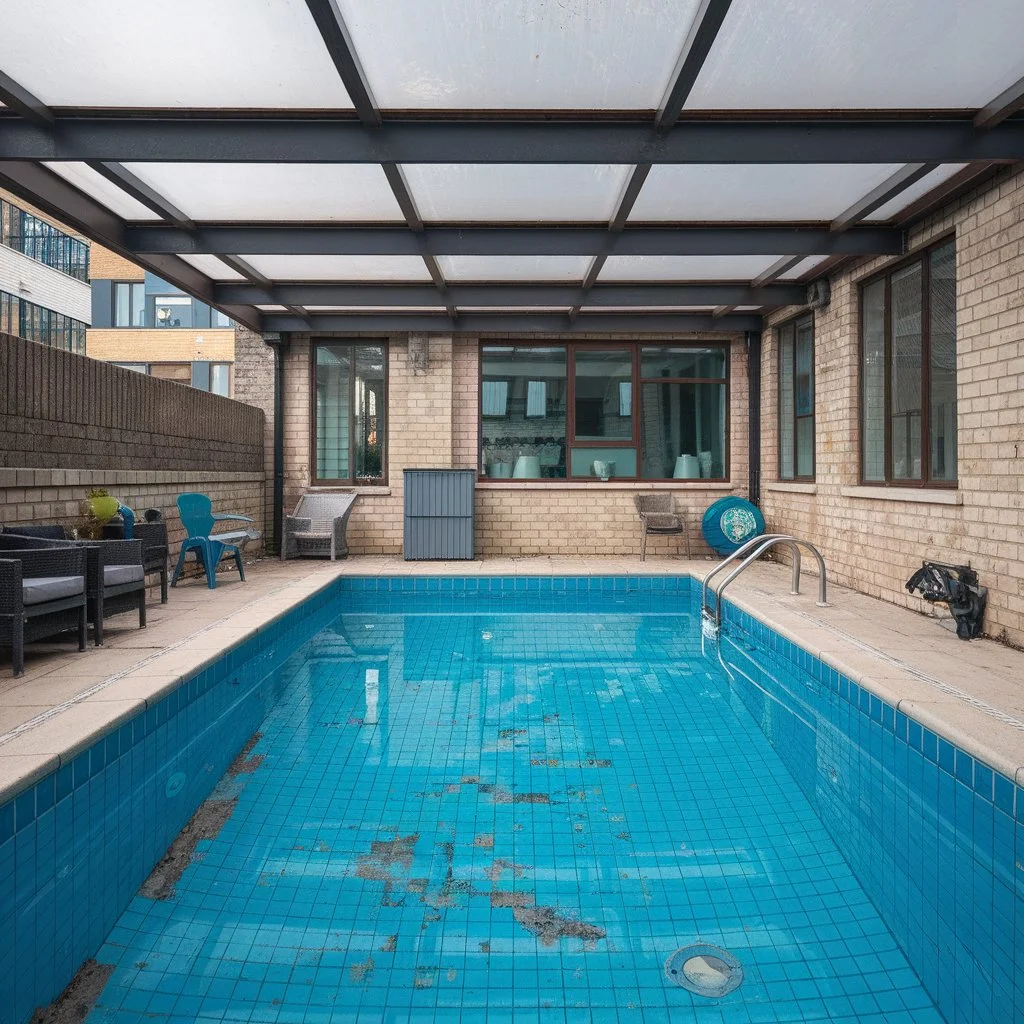 Clear signs your swimming pool needs retiling, with extensive tile wear and patchy areas across an indoor London pool.