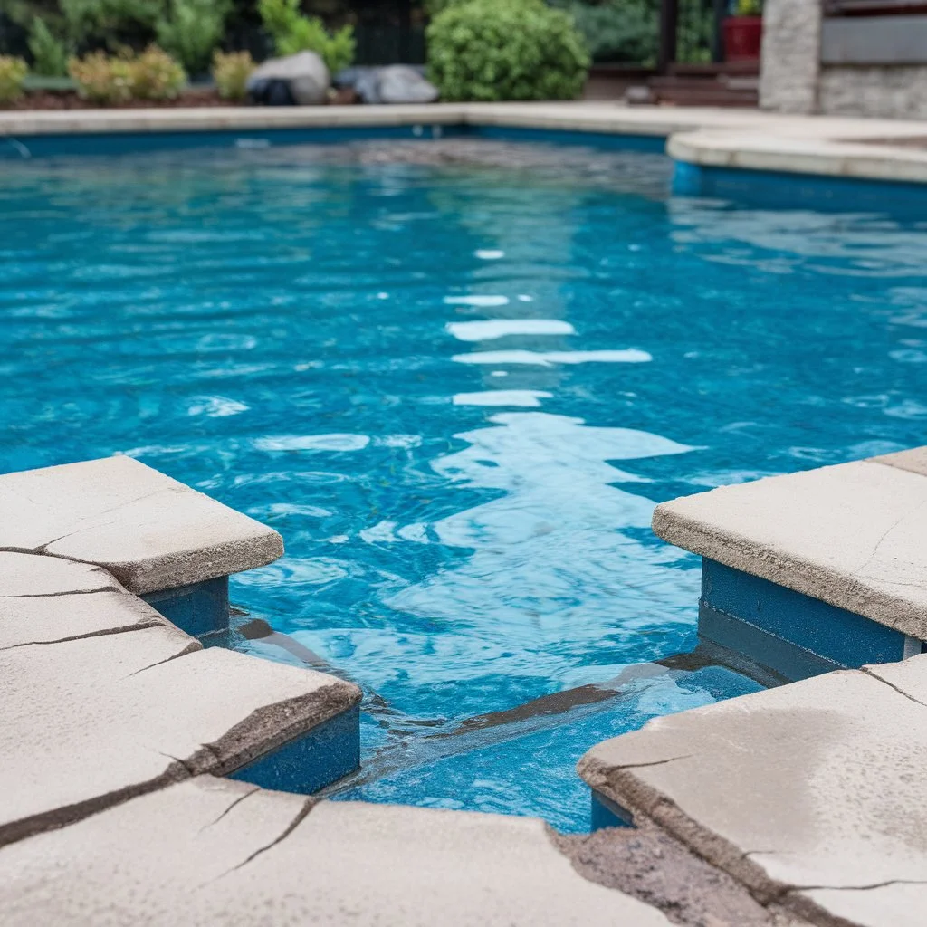 Common swimming pool tile problems including cracked coping and uneven tiles caused by seasonal weather stress in UK pools.