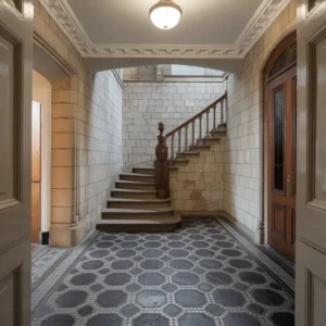 Victorian floor patterns showcased in a townhouse entrance hall, featuring geometric slate tiles and traditional period detailing.