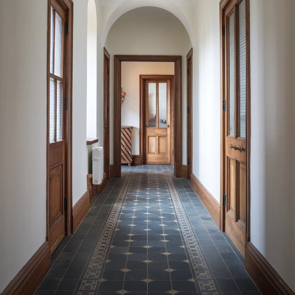 Slate tile patterns running through a Victorian hallway, highlighting long, symmetrical layouts common in historic homes.