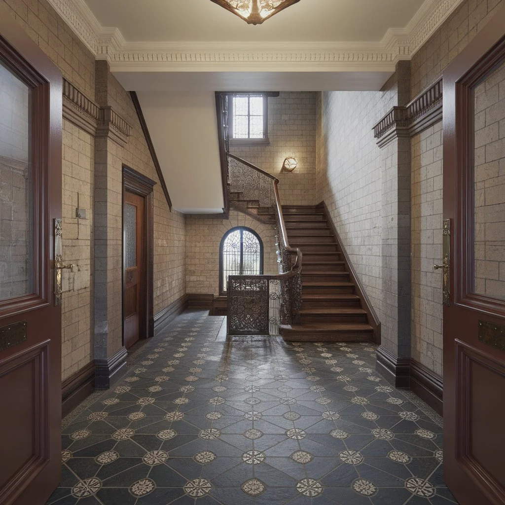 Historic slate flooring with decorative Victorian floor patterns in a grand townhouse stair hall, combining durability with classic design.