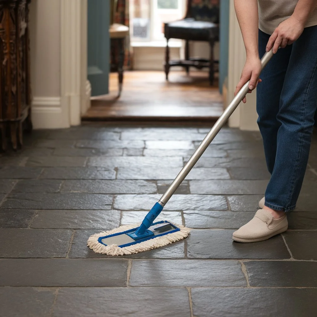 Cleaning Victorian slate tiles using a damp mop to remove dirt while protecting the stone surface