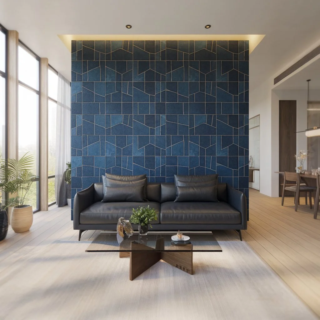 Living room wall tile ideas showcasing a bold tiled feature wall in a modern open-plan UK living space