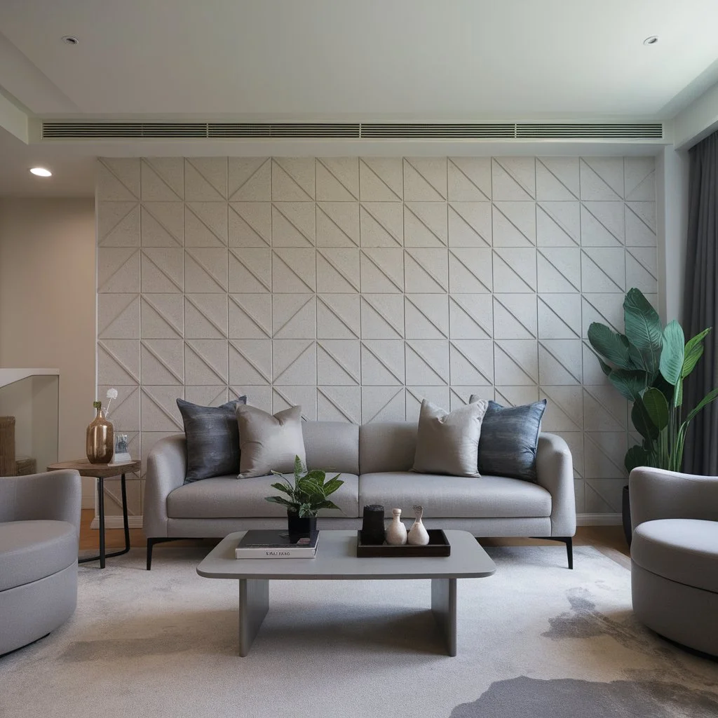 Feature wall tiles for living room creating a clean, modern focal point in a contemporary UK home with soft neutral tones