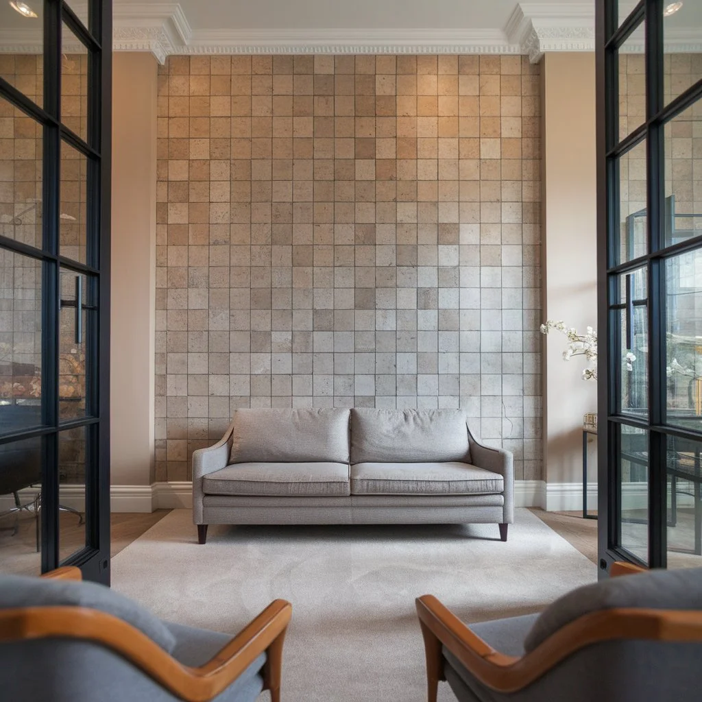 Feature wall tiles living room design using textured stone tiles to add depth and character to a modern UK living room