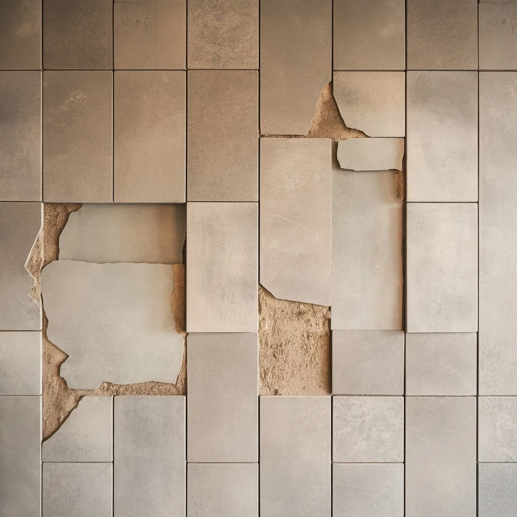 Loose wall tiles showing exposed adhesive and cracked areas, a common cause of wall tiles coming loose over time