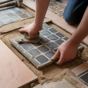 Retaining original Victorian tiles during renovation, showing careful lifting and protection of patterned floor tiles.