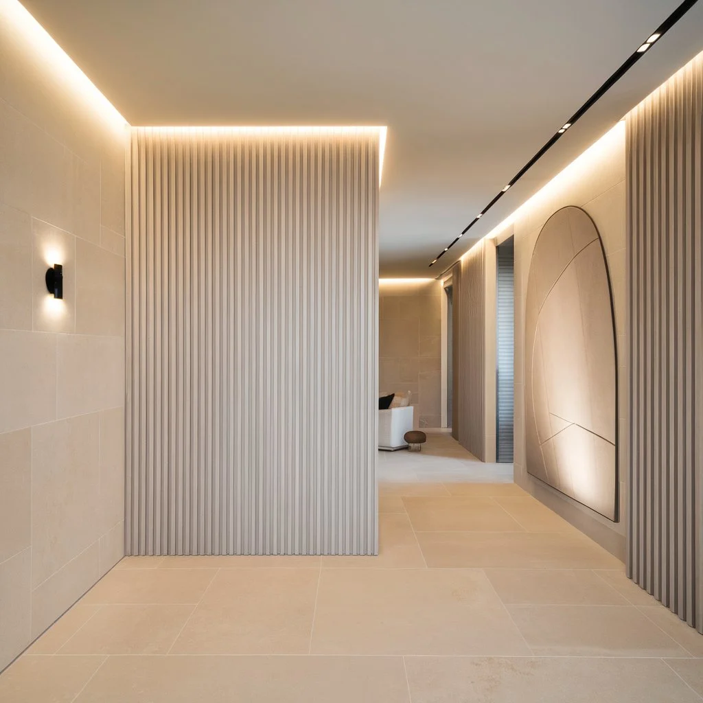 Living room feature wall with a vertical tile layout, showing how vertical vs horizontal wall tiling can make a room feel taller.