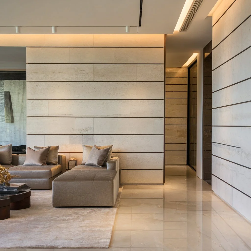 Contemporary lounge featuring a horizontal tile layout across the wall, demonstrating how horizontal wall tiling can visually widen a modern interior.