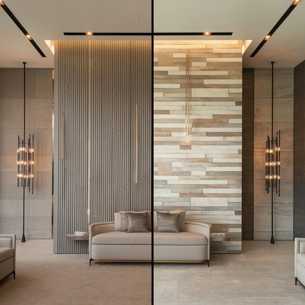 Comparison of vertical tile layout and horizontal tile layout on feature walls, highlighting how tiling direction affects the perception of space.