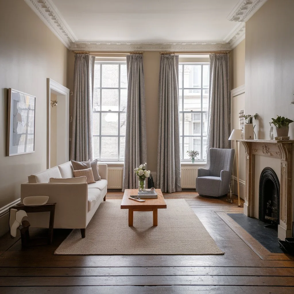 Victorian slate floor tiles in a classic living space, highlighting muted tones and original proportions of a period interior