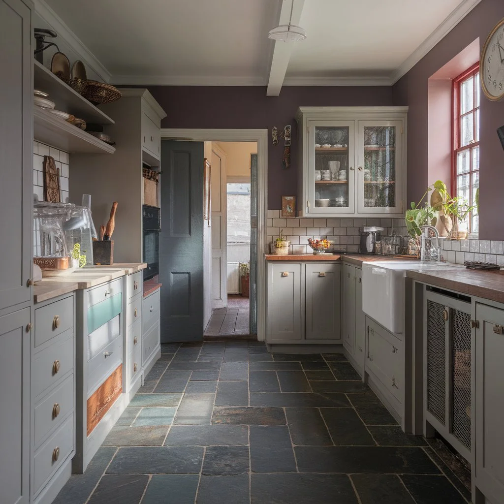 Victorian floor tiles used in a traditional kitchen, blending historic slate flooring with heritage-style cabinetry