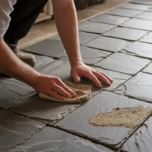 Victorian slate tile restoration showing careful cleaning of original slate tiles during a period floor refurbishment