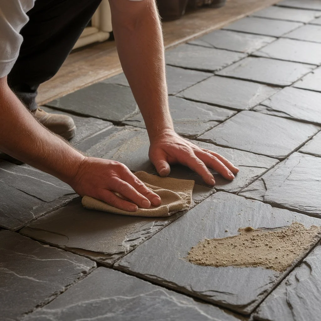 Victorian slate tile restoration showing careful cleaning of original slate tiles during a period floor refurbishment