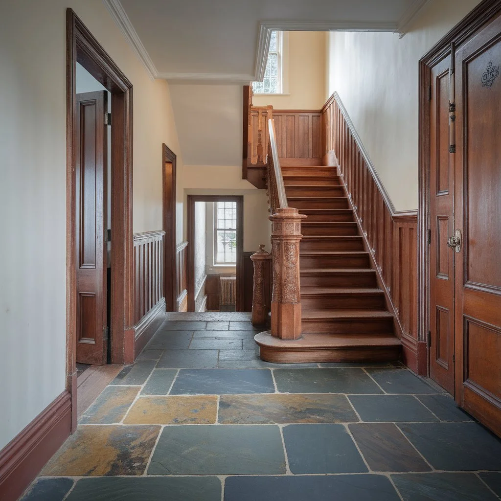 How to restore Victorian floor tiles shown through a fully revived slate hallway in a London property