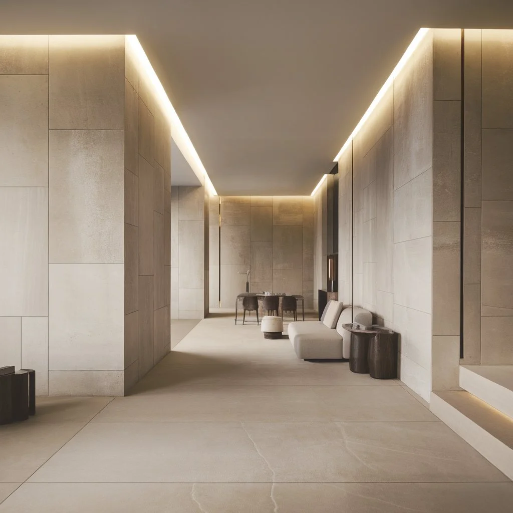 Neutral interior showing a balanced colour combination of wall and floor tiles creating a seamless, open living space