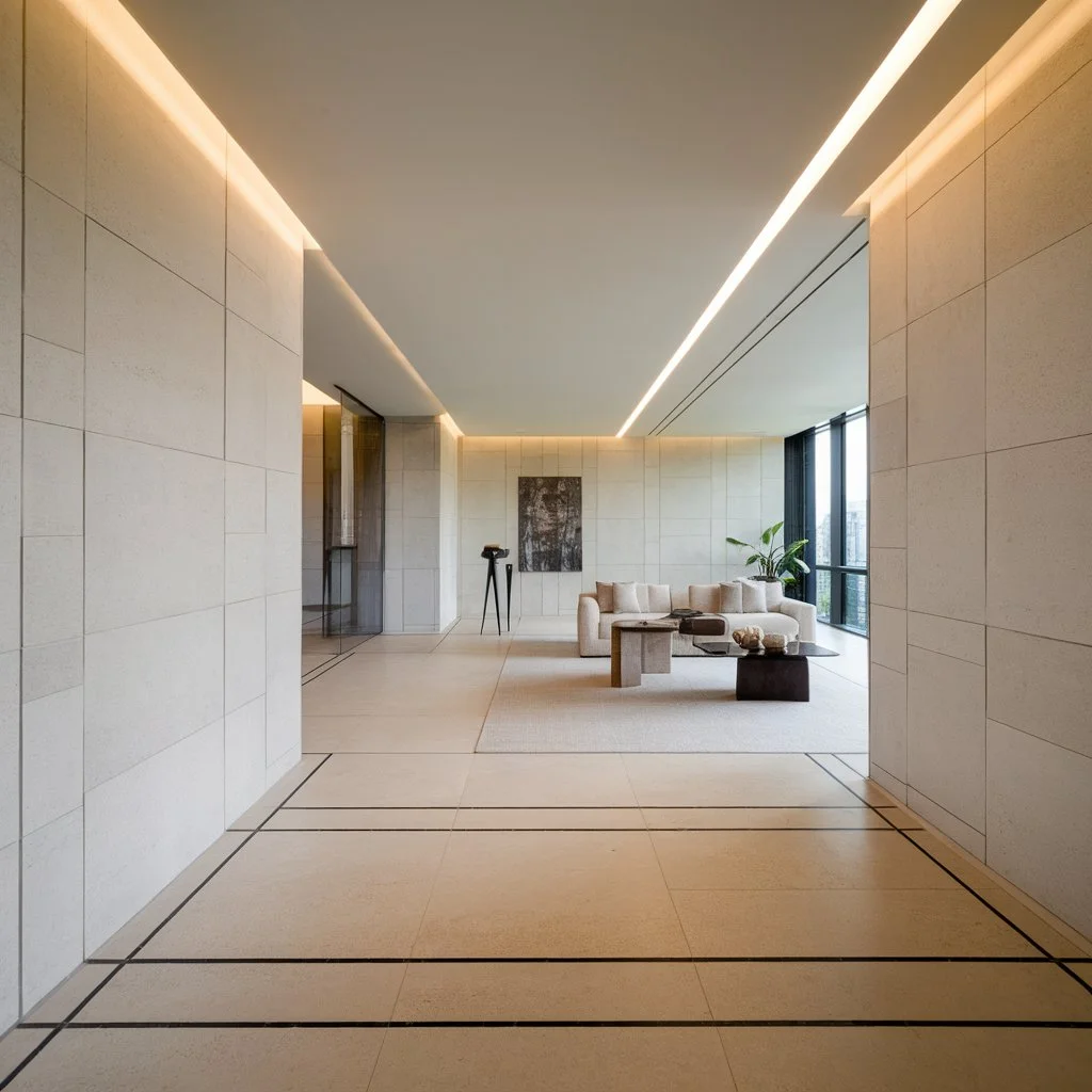 Modern living area demonstrating how to match floor and wall tiles for a cohesive and spacious look