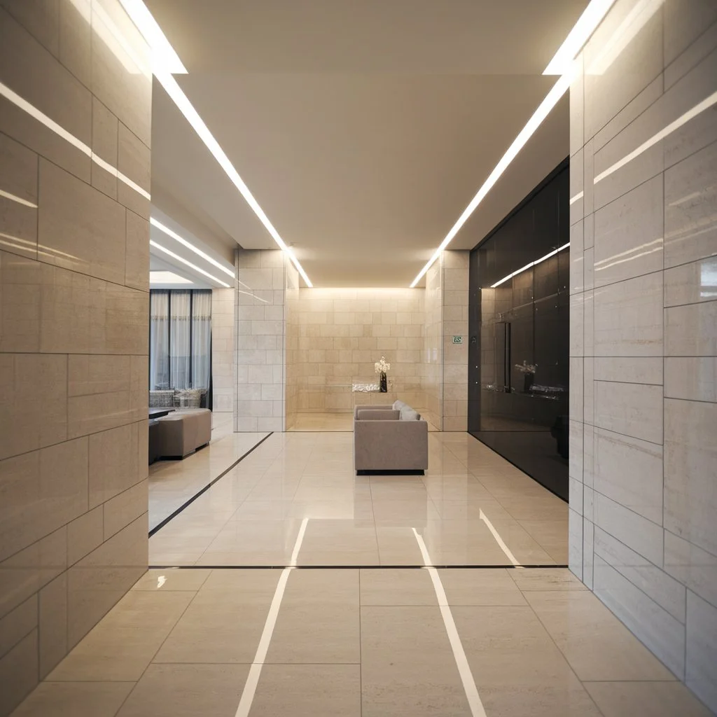 Contemporary room design featuring coordinated wall and floor tile combinations for a smooth visual transition