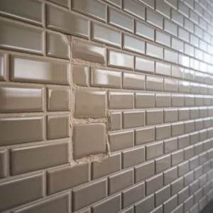 Uneven grout lines on wall tiles caused by poor spacing and incorrect adhesive application