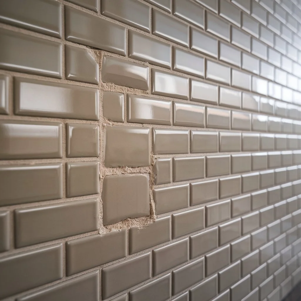 Uneven grout lines on wall tiles caused by poor spacing and incorrect adhesive application