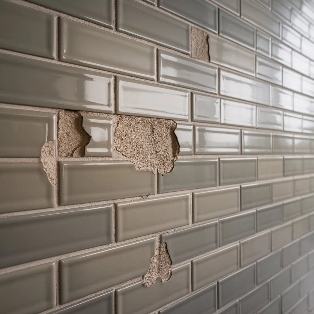 Uneven wall tiles showing surface damage and poor preparation during wall tiling